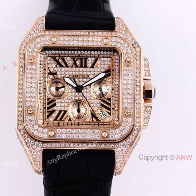 Knockoff Cartier Santos Chronograph Watch Rose  Gold Diamond 45mm